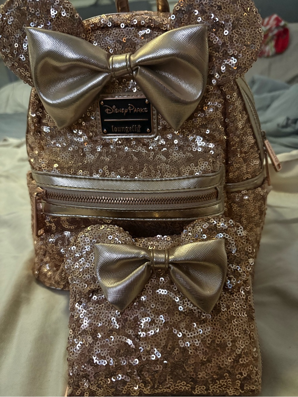 Loungefly Rose Gold Sequin Mini Backpack with Matching Coin Purse